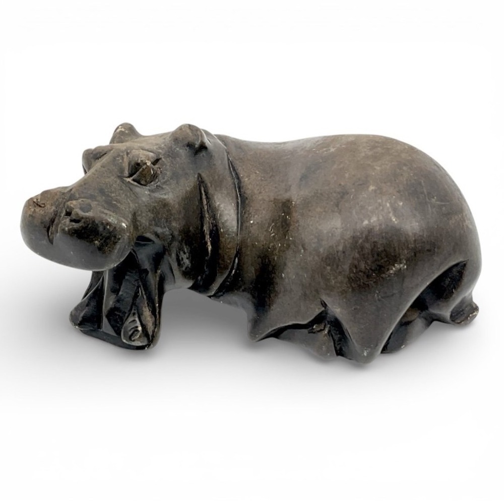Vintage Figurine Hippo Hand Carved Soapstone‎ Sculpture Dark Grey Stone Animal